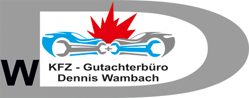 Logo des KFZ Gutachterbüros Dennis Wambach mit stilisierten Autos und Werkzeugen.